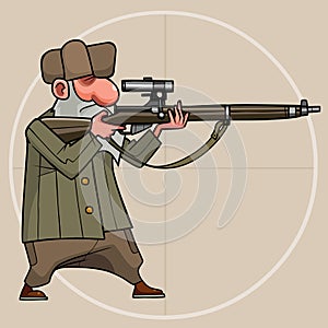 Cartoon grandpa holding a rifle and aiming at a telescopic sight