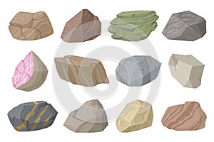 Cartoon granite rock gray stones, mountain rocks. Natural granite, gravel rocks pieces isolated vector symbols illustration set.