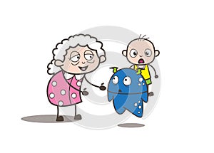 Cartoon Granny with Baby Boy and Alien Monster Vector Illustration