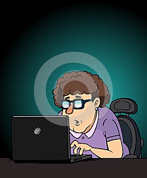 cartoon granny hacker at night in front of laptop