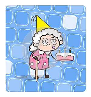 Cartoon Granny Holding a Cake Vector Illustration
