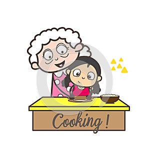 Cartoon Granny Teaching Cooking to Her Granddaughter Vector Illustration