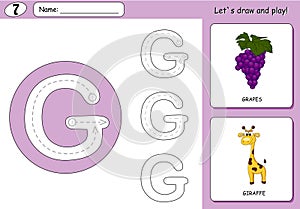 Cartoon grapes and giraffe. Alphabet tracing worksheet