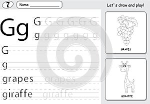 Cartoon grapes and giraffe. Alphabet tracing worksheet: writing