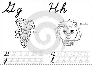 Cartoon grapes and hedgehog. Alphabet tracing worksheet: writing