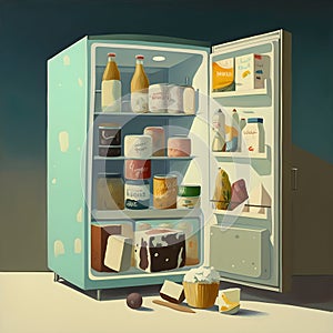 cartoon graphic illustration of a messy dirty refrigerator filled with food and drink