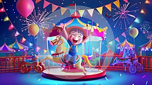 Cartoon graphic landing page of a kid drinking cocktail in an amusement park with merry-go-rounds, roller coasters, and