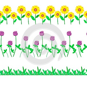 Cartoon grass and flowers seamless border. Meadow summer vector