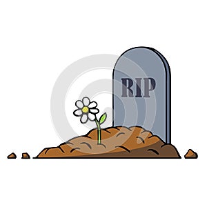 Cartoon grave with tombstone and flower. Vector illustration