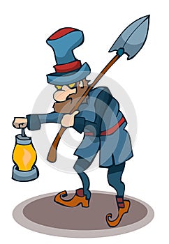 Cartoon Gravedigger holding a Shovel and Lamp.