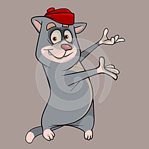 Cartoon gray cat in a red cap shows two paws to the side