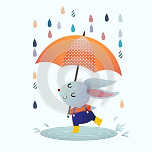 Cartoon gray rabbit splashing in a puddle in rainy day