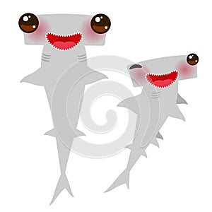 Cartoon gray Smooth hammerhead Winghead shark Kawaii with pink cheeks and winking eyes positive smiling on white background. Vecto
