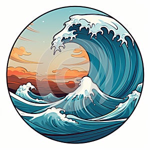 Cartoon Great Wave In Ocean With Summer Sunset - Art Nouveau Style