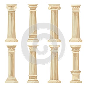 Cartoon greek columns. Cartoon ancient pillars, doric, ionic and corinthian ornaments, antique colonnade decoration flat vector