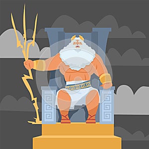 Cartoon Greek god. Zeus with lightning trident. Muscular divine man sitting on throne. Olympus deity. Powerful mythical