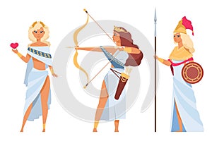 Cartoon Greek gods. Ancient goddesses. Artemis with arrows and bow. Athena holding spear and shield. Beautiful Aphrodite