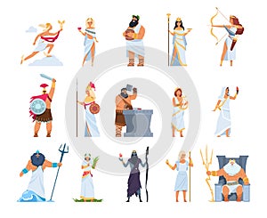 Cartoon Greek gods. Members of divine pantheon of Greece. Mythology persons in toga and golden helmet or wreath