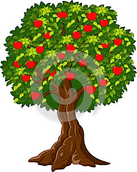 Cartoon Green Apple tree full red apples