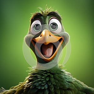 Cartoon Green Bird Laughing: Hyper-detailed Renderings And Inventive Character Designs