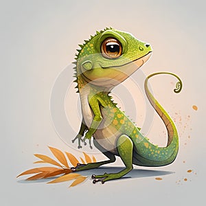 cartoon green chameleon on the gray background - illustration for children