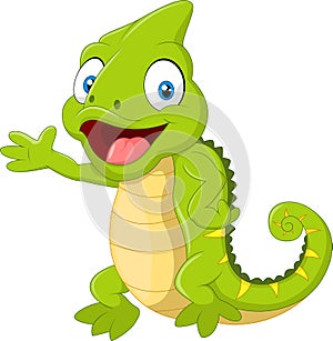 Cartoon green chameleon waving hand on white background