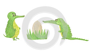 Cartoon green crocodile collection set with palm, grass and egg