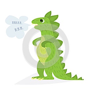 Cartoon green dinosaur. Flat vector illustration. Comic dino character, on white background