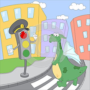 Cartoon green dragon and traffic lights on a pedestrian crossing