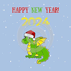 Cartoon green dragon wearing a Santa hat. Symbol of the new year 2024.