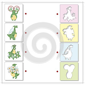 Cartoon green dragons. Irregular verbs see, go, tell, smell. Educational game for kids