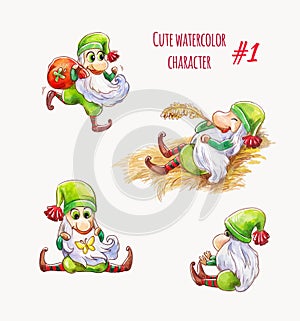 Cartoon green elf or gnome. Christmas character or unusual saint patrick. Funny vector set of characters