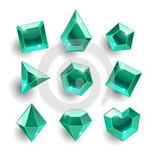 Cartoon green, emerald different shapes crystals