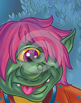 Cartoon of a green fairytale troll close up