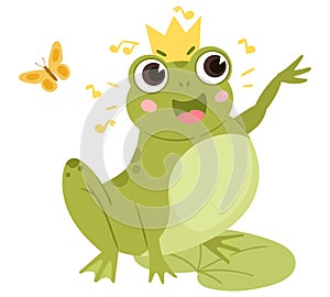 Cartoon green frog in crown sitting in pond. Cute amphibia in natural habitat, froggy animal in pond with water lilies isolated