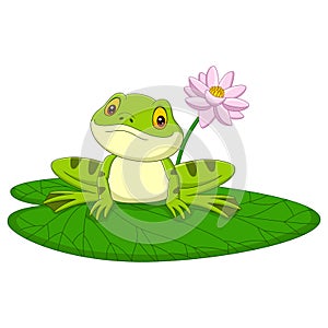 Cartoon green frog sitting on a leaf