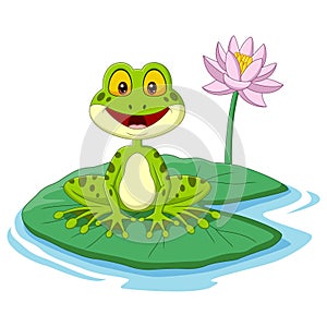 Cartoon green frog sitting on a leaf