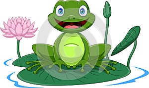 Cartoon green frog sitting on a leaf