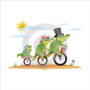 Cartoon green funny crocodile family in a hat on a bicycle. Dad, mom, baby crocodile with bicycle.Cute wild cyclist