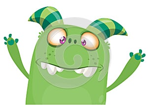 Cartoon green funny monster waving. Vector illustration for banner, print, sticker or party decoration.