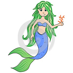 Cartoon green-haired mermaid smiling while holding red coral in hand