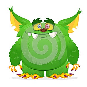 Cartoon green horned monster. Vector illustration isolated.