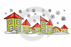 Cartoon green houses of different shapes on a white background in snowdrifts. New Year sticker.