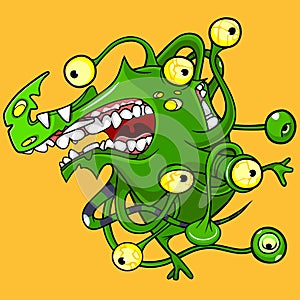 Cartoon green intricately many eyed toothy monster