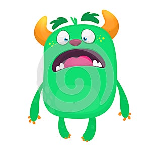 Cartoon green monster. Monster illustration with surprised expression.