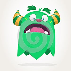 Cartoon green monster. Monster illustration with surprised expression. Shocking green gremlin mascot design