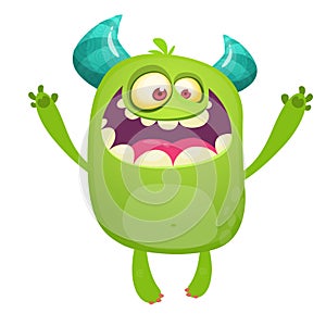 Cartoon green monster. Monster troll illustration with surprised expression.