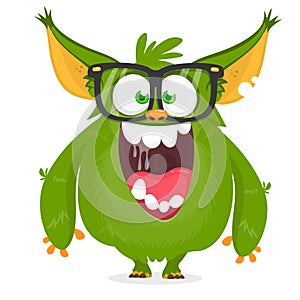 Cartoon green monster nerd wearing glasses. Vector illustration isolated.