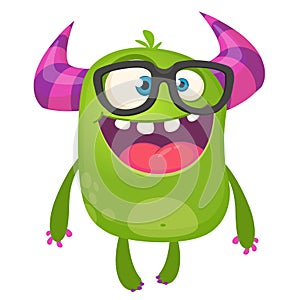 Cartoon green monster nerd wearing glasses. Vector illustration isolated