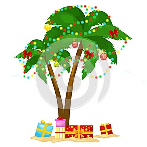 Cartoon green palm tree surrounded with christmas presents